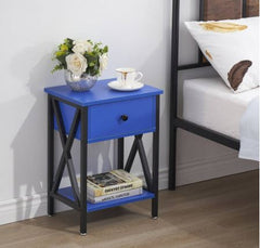 1-Drawer Modern Nightstands X-Design with Storage Shelf - Dark Blue