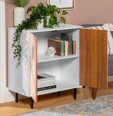 1 Lindesberg Modern Media Cabinet - White / Acorn Bookmatch Mid-century Charm to your Décor