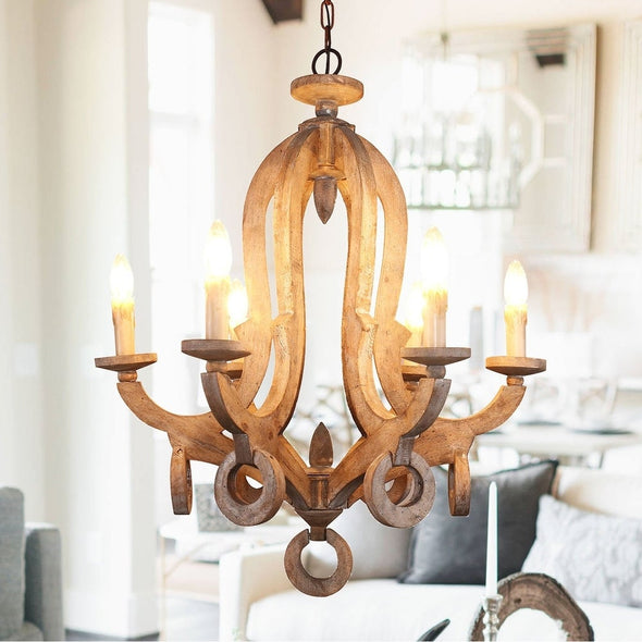 Candle-style 6-Light Wood Chandelier Perfect for A Kitchen, Dining Room, Living Room, Bedroom