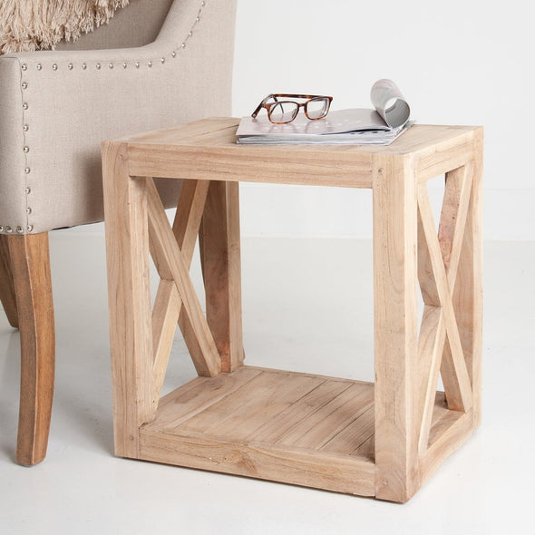 Unfinished Mindi Wood Open Cube Accent Table X Shaped Legs