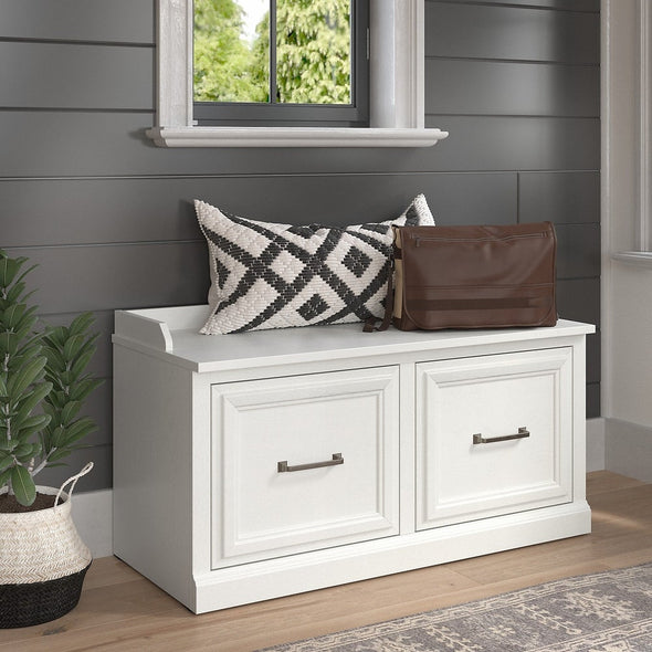 Woodland 40W Shoe Storage Bench with Doors - White Ash Bench Offers A Place To Sit While Putting On or Taking Off Shoes Supports up to 250 lbs.