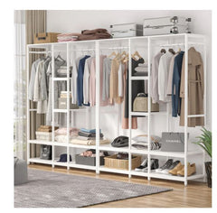 Double Rod Free standing Closet Organizer Heavy Duty Clothe Closet Storage Shelves White