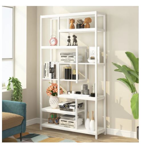 8-Shelves Staggered Bookshelf Industrial Etagere Bookcase All White