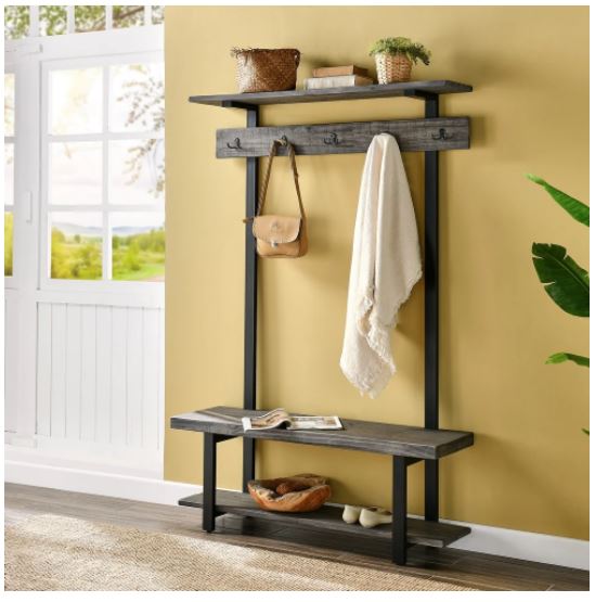 Carbon Loft Lawrence Entryway Hall Tree with Bench and Coat Hooks Grey