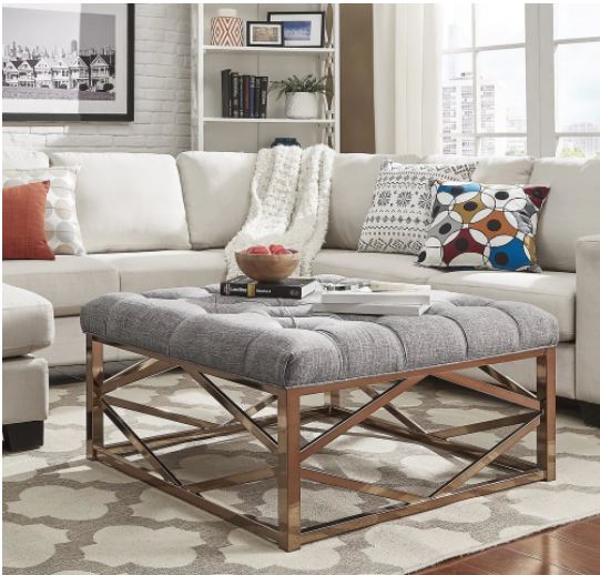 Solene Geometric Base Square Ottoman Coffee Table Grey Linen