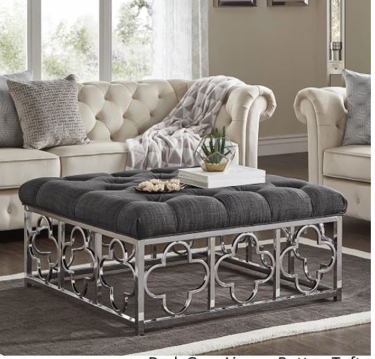 Solene Chrome Quatrefoil Base Square Ottoman Coffee Table Bold Dark Grey Linen Button Tufts