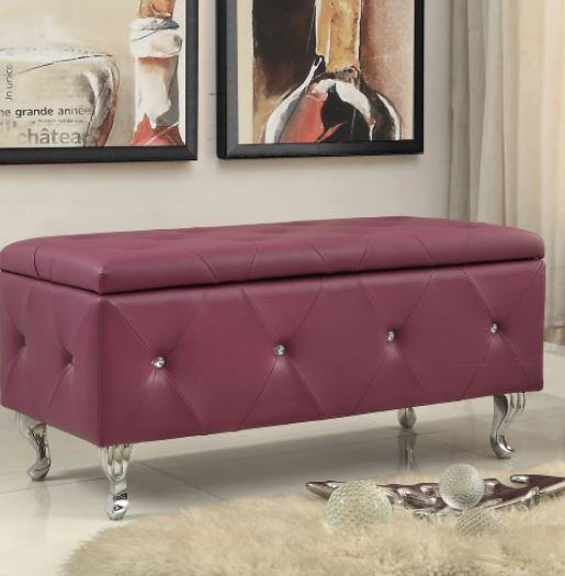 Upholstered Tufted Storage Bench Bonded Leather Purple Elegant Curves