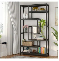 8-Shelves Staggered Bookshelf Industrial Etagere Bookcase